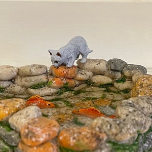 Fairy Garden Koi Pond miniature with artificial water, cat kitty, fairy garden accessories miniature fish, stone look, mini garden supply Pond & Grey Cat