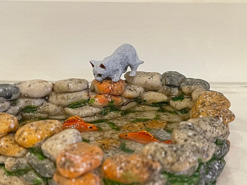 Fairy Garden Koi Pond miniature with artificial water, cat kitty, fairy garden accessories miniature fish, stone look, mini garden supply Pond & Grey Cat