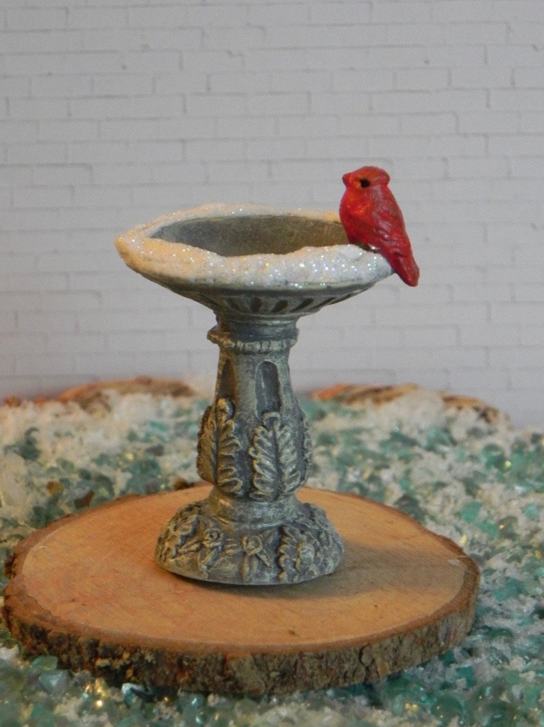 Christmas Miniature Bird Bath Cardinal Glitter Snow Fairy Etsy