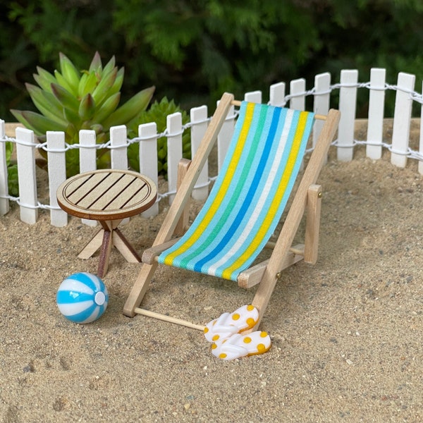 Miniature Beach Deck Chair, Miniature Table, miniature beach ball, flip flops, miniatures for coastal garden, wedding cake topper