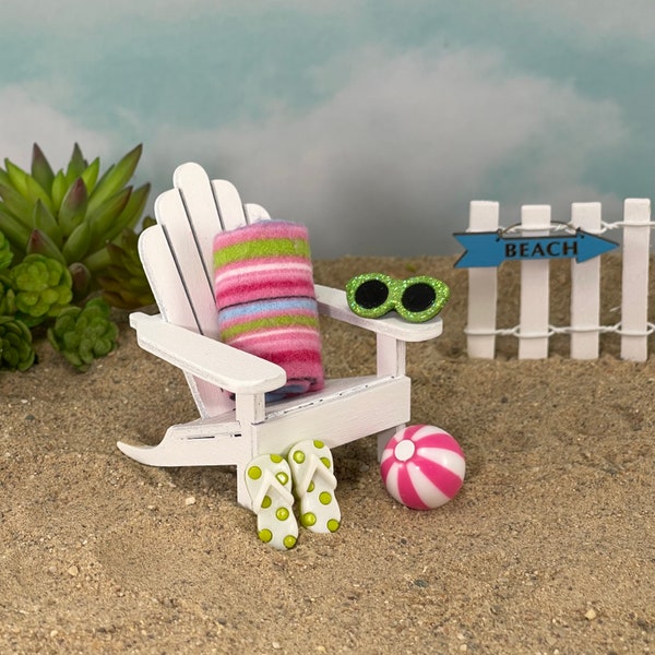 Miniature Adirondack Chair, Miniature Towel (made of flannel), Miniature Beach Ball, Miniature Flip Flops Coastal Miniatures for Tiered Tray