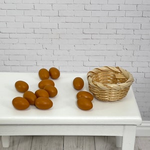 12 Miniature Brown Chicken Eggs with Basket, 1:6 Scale, Diorama Minis Craft Supply, Polymer Clay, Straw Basket, Farm Fairy Garden Mini