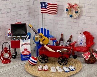 Miniature 4th of July Independence Day, Dollhouse Fairy Garden Minis, BBQ Grill Adirondack, Flip Flops, Guitar, Wagon Baseball Beer Football