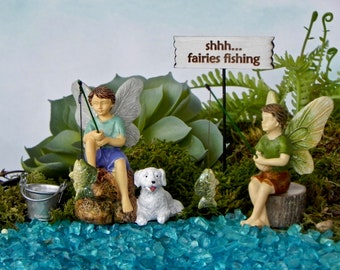 Fishing Boy Miniature Fairy Figurine, terrarium supply, fairy garden accessories, miniature fishing pole, terrarium supply