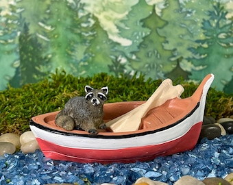 Miniature Boat  Canoe with Oars, Mini Raccoon, Camping Accessories, Fairy Garden Accessory, Lake River Minis Terrarium Supplies Craft Supply