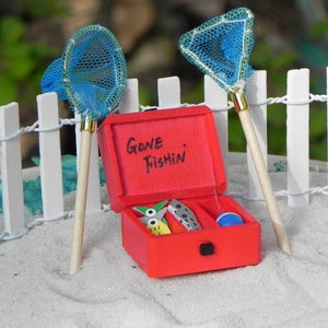 Miniature fishing tackle box, nets, white fence, miniatures for fairy garden accessories, miniatures, miniature fishing net