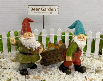 Miniature Gnome Wheelbarrow Beer Garden Sign, Cheers mini beer bottles, fairy garden accessory accessories, terrarium figurine, beer lover