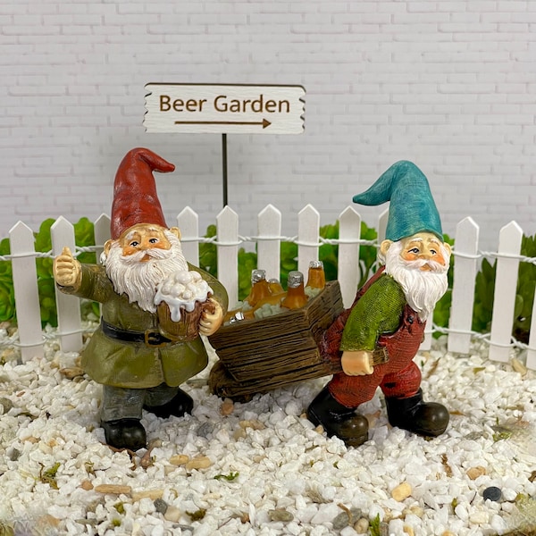 Miniature Gnome Wheelbarrow Beer Garden Sign, Cheers mini beer bottles, fairy garden accessory accessories, terrarium figurine, beer lover