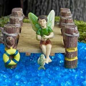 Fairy Garden Dock, Lakeside boat dock, miniature fishing boy fairy with fishing pole and fish, fairy garden miniature sign, starter kit image 3