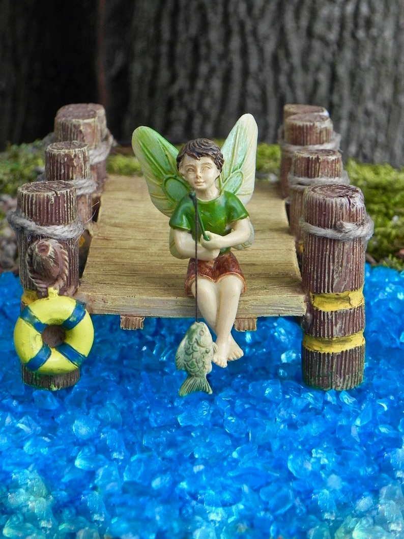 Fairy Garden Dock, Lakeside boat dock, miniature fishing boy fairy with fishing pole and fish, fairy garden miniature sign, starter kit image 3