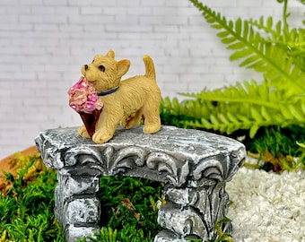 Miniature Dog Bench Fairy Garden Accessories, Dollhouse Minis Porch Decor, Terrier Puppy, Dog Lover Gift, Figurine Statue, Mini Accessory