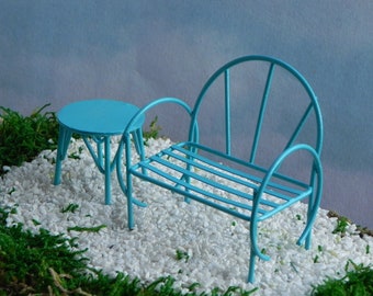 Fairy Garden Miniatures Bench, miniature table, metal painted beach blue, fairy garden accessories