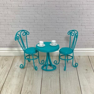 Miniature Bistro Set, fairy garden accessories, dollhouse miniatures, miniature blue table chairs set, dollhouse miniatures, tiny tea cups