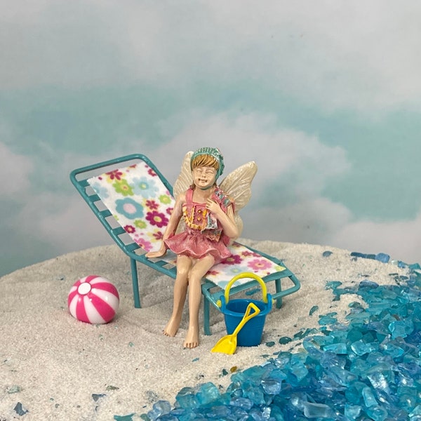 Miniature Fairy Figurine Swim Suit, Chaise Lounge Chair, Beach Towel, Flip Flops, Beach Ball, Bucket Spade, Sunhat, Beach Cake Topper