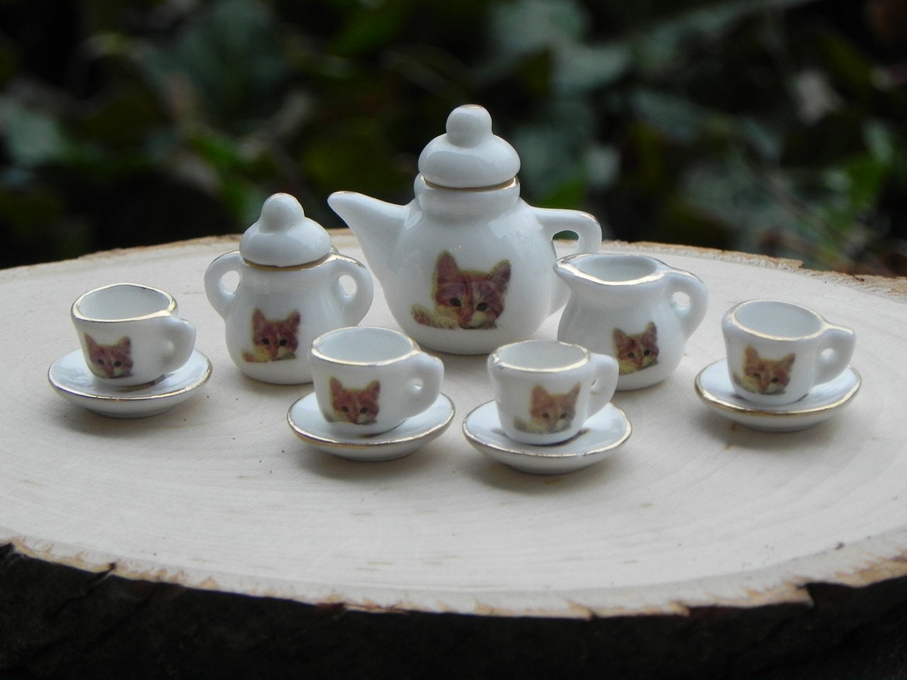 Dollhouse Miniature Porcelain Kitchen Dinnerware Coffee Tea pot Cup set 1:12 Cat 