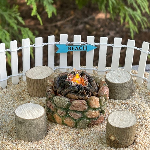 Fairy Garden Fire Pit, miniature firepit, LED battery operated flickering light, mini wood stumps, fairy garden accessories, diorama