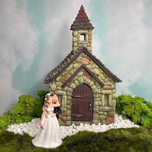 Miniature Wedding Chapel, Bride and Groom Figurine, fairy garden accessory, wedding decor, miniature church, resin, wedding couple