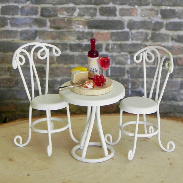 Fairy Garden Furniture Bistro Set table and 2 chairs, miniature wine and cheese tray, terrarium accessories, dollhouse miniature