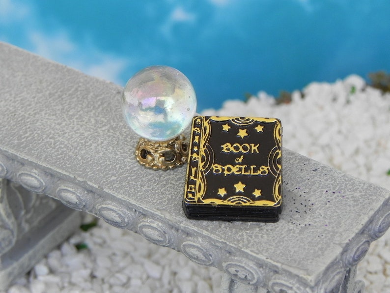 Halloween Miniatures Book 'crystal' ball, miniature Book of Spells book, dollhouse miniatures, fairy garden accessories, Book Button shank image 5