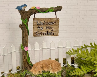 Miniature Fairy Garden Welcome to my Garden Sign, Dog and Bird