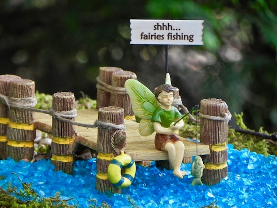 Fairy Garden Dock, Lakeside Boat Dock, Miniature Fishing Boy Fairy