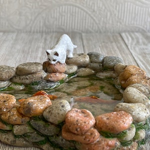 Fairy Garden Koi Pond miniature with artificial water, cat kitty, fairy garden accessories miniature fish, stone look, mini garden supply Pond & White Cat