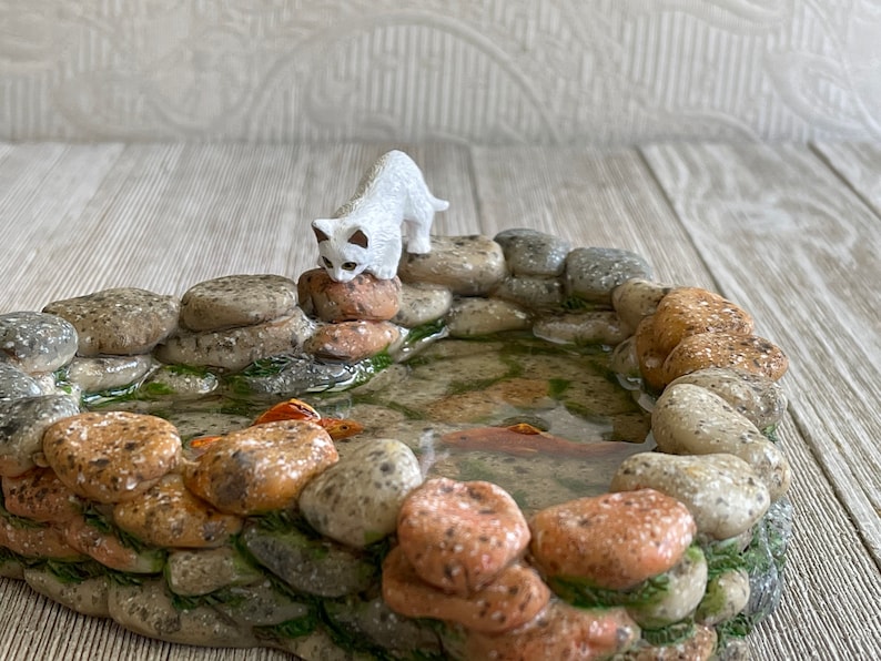 Fairy Garden Koi Pond miniature with artificial water, cat kitty, fairy garden accessories miniature fish, stone look, mini garden supply Pond & White Cat