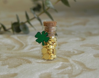 St. Patrick's Day miniature accessories, faux tiny gold coins nuggets in glass bottle, lucky four leaf clover, fairy garden miniatures