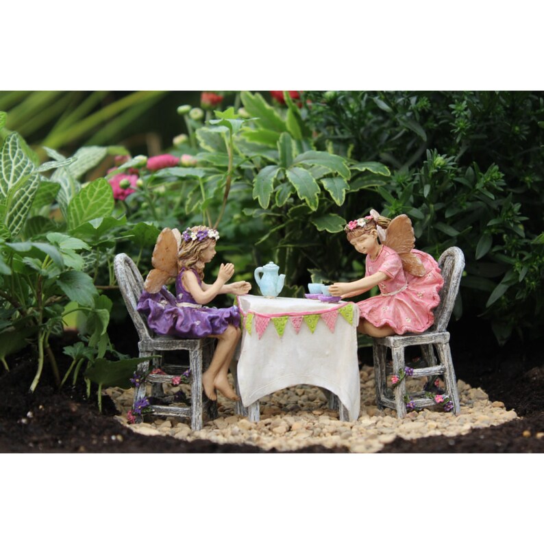 Fairy Garden Tea Party Fairies Afternoon Tea Time For Tea Miniature Fairies Tea Cups Tea Pot Chairs Table