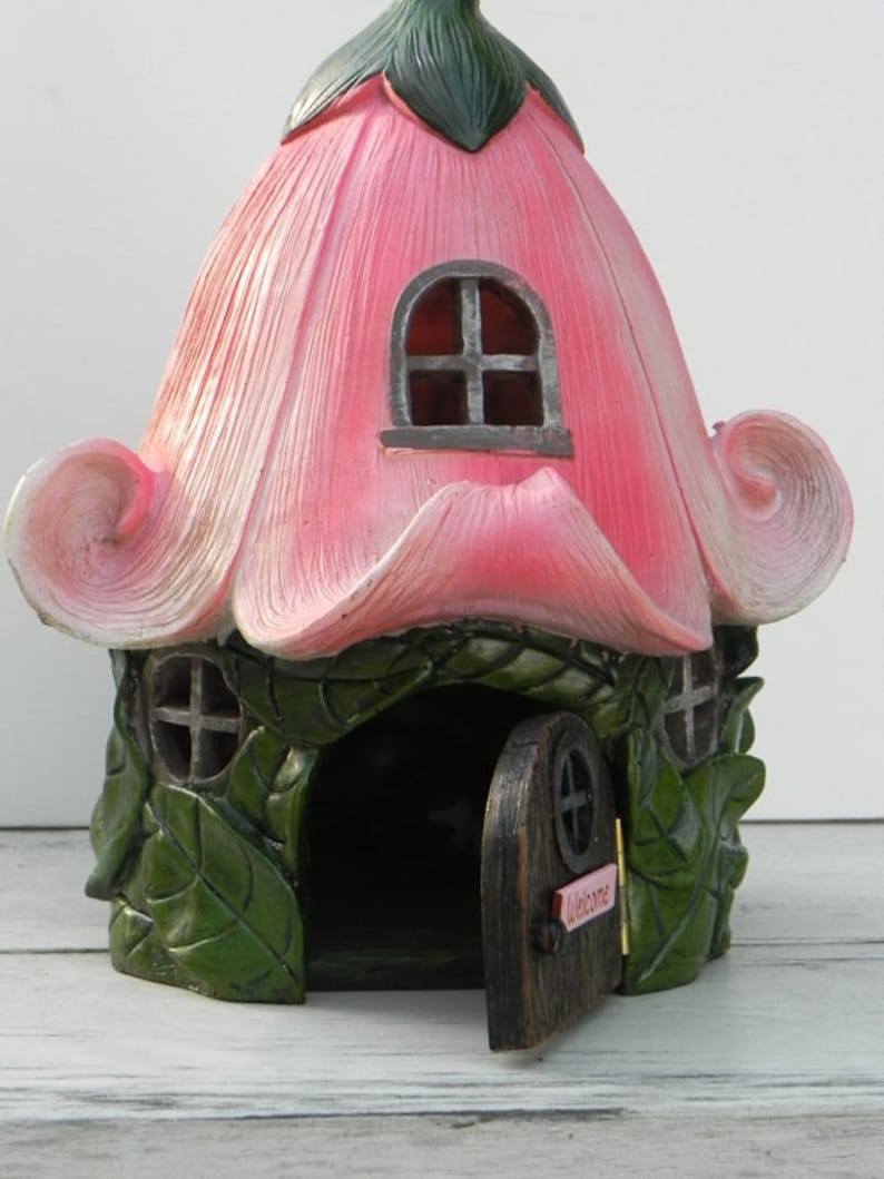 Fairy House Large, Hinged Door Opens , Pink Petunia Cottage, Miniature ...