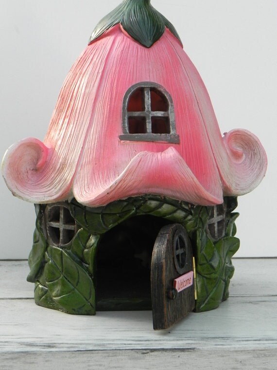 Fairy House Large, Hinged Door Opens , Pink Petunia Cottage