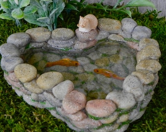 Fairy Garden Koi Pond miniature with artificial water, sleeping kitty cat, fairy garden accessories miniature fish, mini garden supply