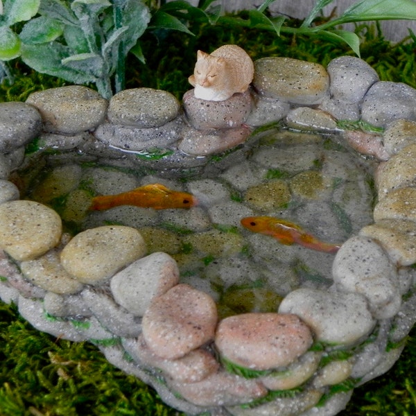 Fairy Garden Koi Pond miniature with artificial water, sleeping kitty cat, fairy garden accessories miniature fish, mini garden supply