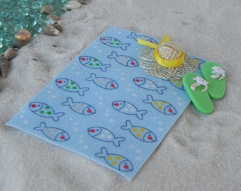 Miniature Beach garden fish towel, miniature supply, flannel towel, miniature flip flops, miniature sun hat, coastal minis, beach supplies