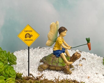 Miniature Tortoise, Fairy Garden Accessory, Miniature Turtle, Fairy Garden Accessories, Boy Fairy with Carrot on a Stick, Miniature Sign