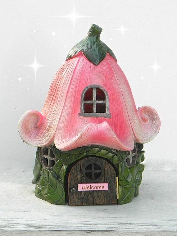 Fairy House Large, Hinged Door Opens , Pink Petunia Cottage
