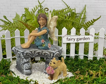 Miniature Fairy Bench Garden Accessories, Dollhouse Minis Porch Decor, Terrier Puppy, Dog Lover Gift, Figurine Statue, Mini Accessory