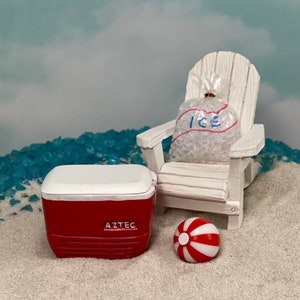 Miniature Cooler, Beach Garden accessories, ice chest, miniature Adirondack chair, miniature beer soda cans, miniatures beach ball