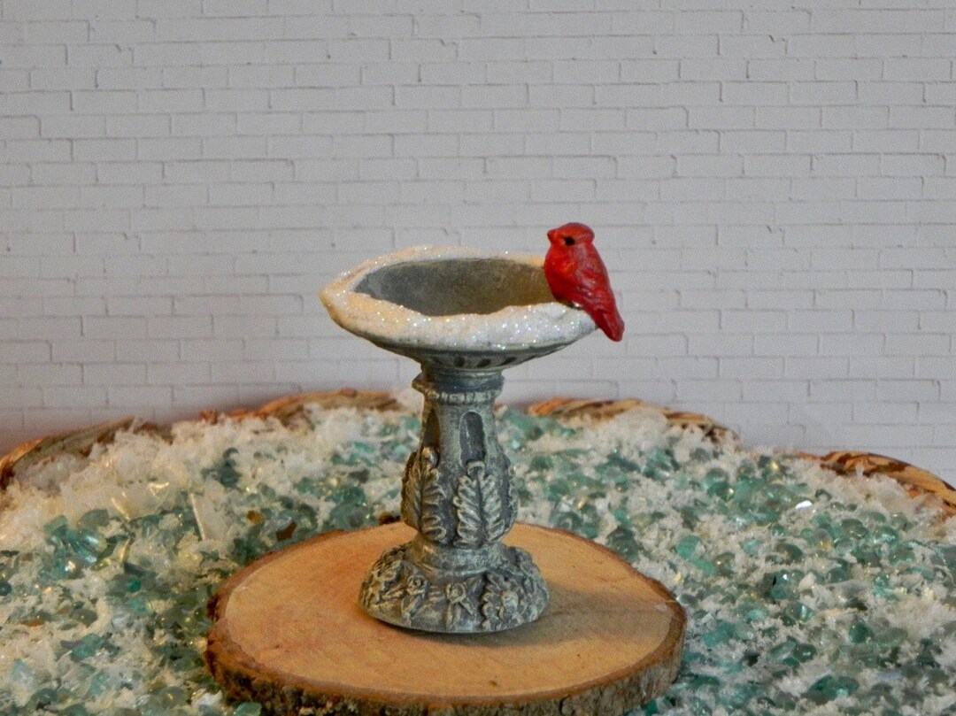 Christmas Miniature Bird Bath, Cardinal, Glitter Snow, Fairy Garden