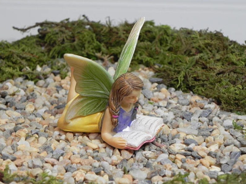 May include: A miniature fairy figurine with green and yellow wings, reading a book. The fairy is wearing a purple top and has brown hair. The figurine is set on a bed of small stones and moss.