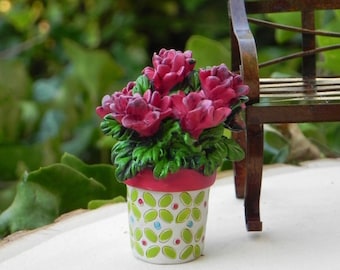 Miniature Bench Fairy Garden Accessory, Miniature Potted Plant, Miniature Geraniums, Artificial Flowers, Dollhouse Porch decor accessories