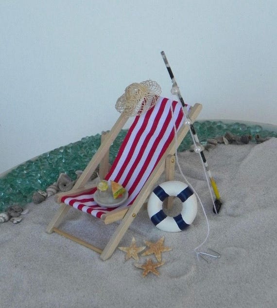 Miniature Deck Chair, Miniature Beach Garden Accessories, Life Ring,  Miniature Fishing Pole Miniature Starfish, Miniature Lemonade Glass 