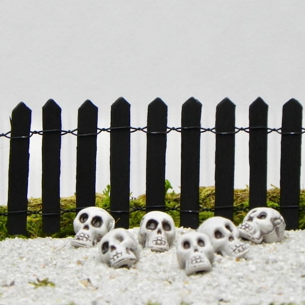 Miniature Skulls, Fairy Garden Black Picket Fence, Halloween miniatures, Miniature Halloween Garden accessories, Terrarium accessory, supply