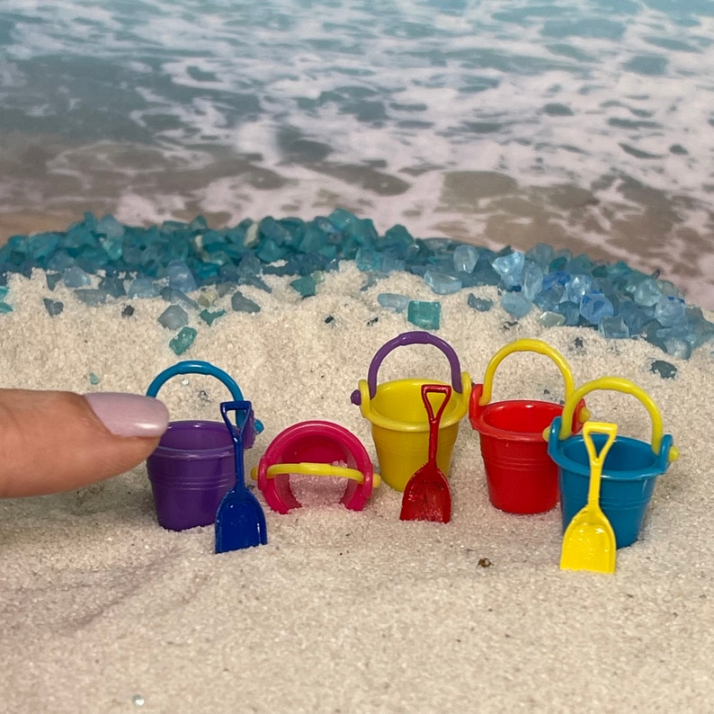 Miniature Beach Bucket, Metal Spade Shovel, fairy garden accessories, dollhouse accessory craft, beach wedding cake topper diorama terrarium image 2
