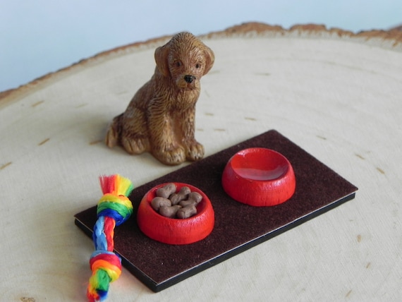 Miniature Dog Food Bowl, Water Bowl, Dollhouse Miniatures, Fairy Garden  Accessories, Dog Toy Tug of War Pull Toy, Mini Dog Toys, Brown Puppy 