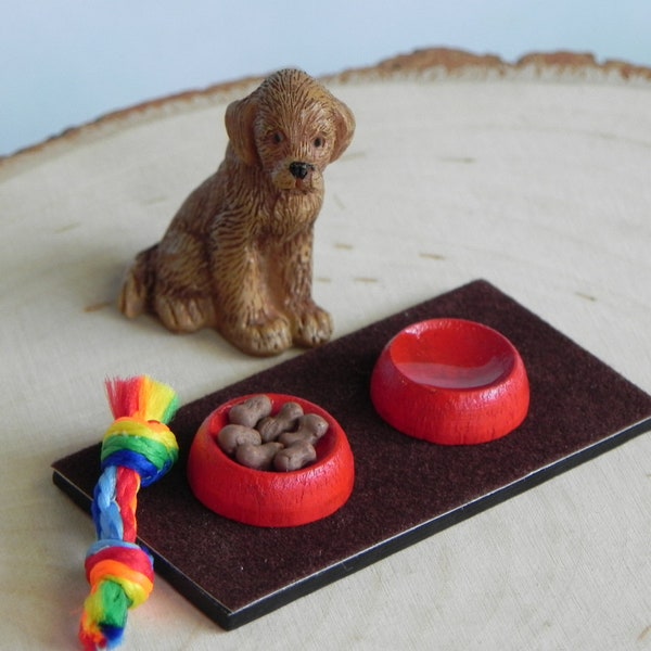 Miniature Dog Food Bowl, Water Bowl, dollhouse miniatures, fairy garden accessories, dog toy tug of war pull toy, mini dog toys, brown puppy