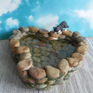 Fairy Garden Koi Pond miniature with artificial water, cat kitty, fairy garden accessories miniature fish, stone look, mini garden supply Pond & Blk/wht Cat