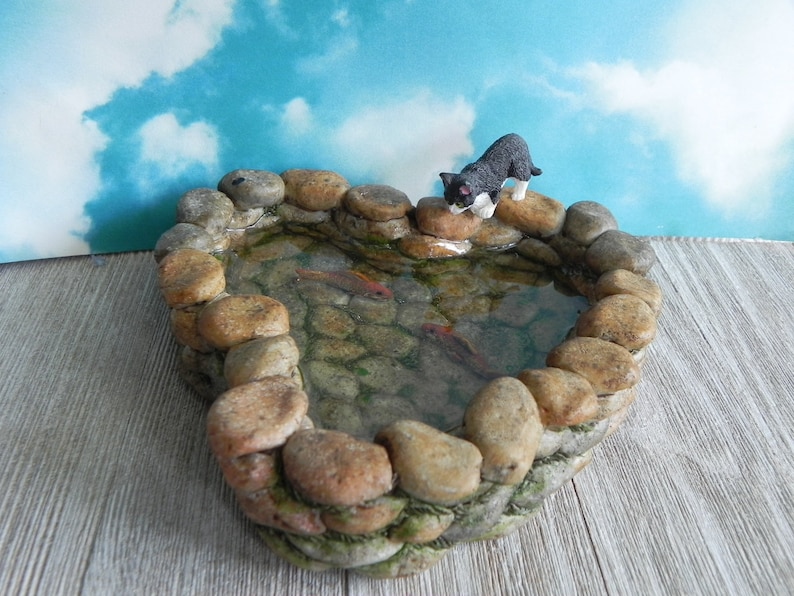 Fairy Garden Koi Pond miniature with artificial water, cat kitty, fairy garden accessories miniature fish, stone look, mini garden supply Pond & Blk/wht Cat