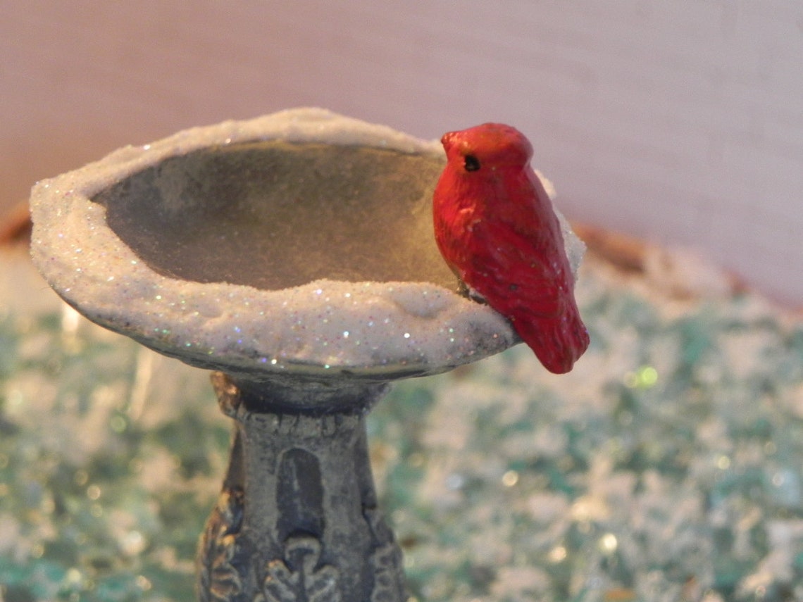 Christmas Miniature Bird Bath Cardinal Glitter Snow Fairy Etsy