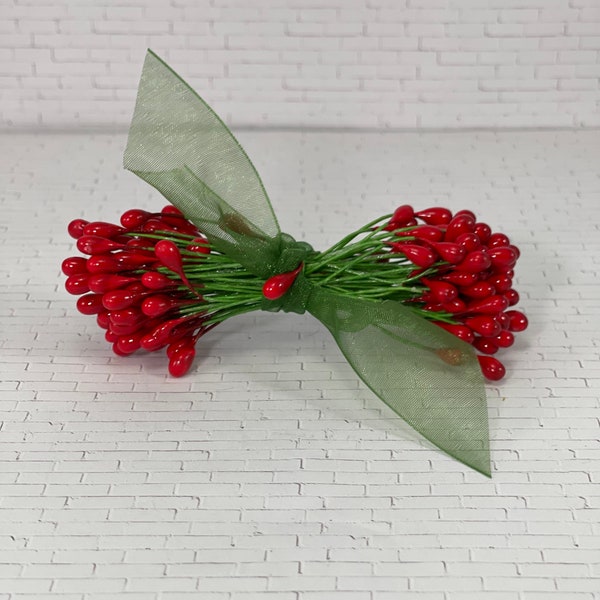 Miniature Holly Berries, Artificial, 72 Stems 144 Berries, embellishments Xmas Floral Supplies, Mini Christmas craft supplies wired pick